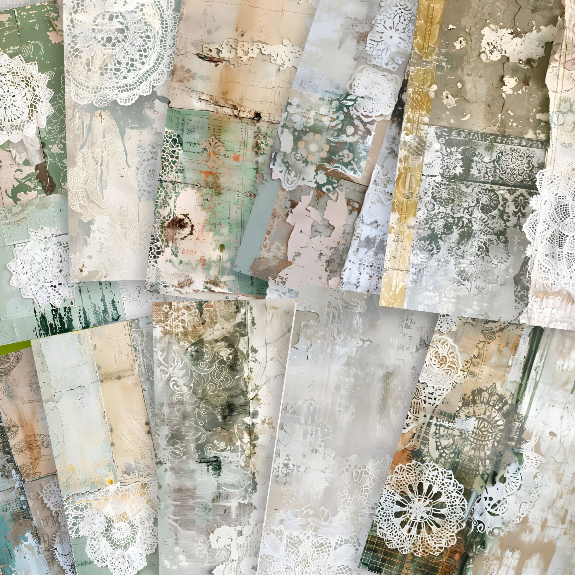 DIGITAL Vintage Industrial Grunge & Lace Collage Sheets – Printable Papers for Junk Journals - FA143