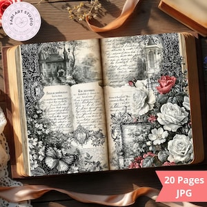 May include: Open book with vintage-style illustrations. The pages feature a black and white butterfly, a detailed drawing of a building, and floral arrangements. The book has a brown cover and the text "20 Pages JPG".