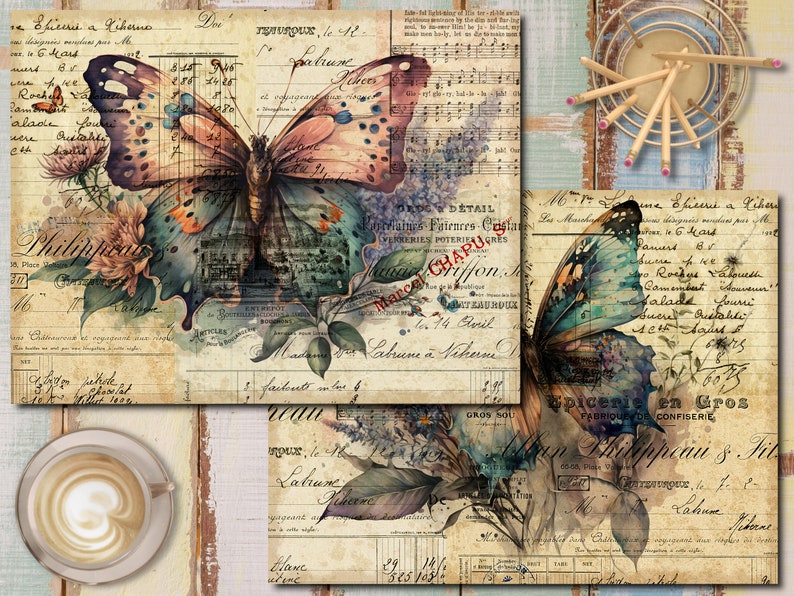 K&ouml;nnte beinhalten: Eine Collage im Vintage-Stil mit zwei Aquarell-Schmetterlingen, einer mit blauen Fl&uuml;geln und der andere mit rosa und gr&uuml;nen Fl&uuml;geln. Die Schmetterlinge sind von floralen Elementen und handschriftlichem Text in Franz&ouml;sisch und Englisch umgeben. Der Hintergrund ist ein strukturiertes Papier mit einem verblassten, antiken Look.