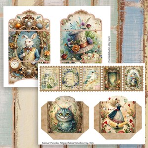 May include: A collection of Alice in Wonderland-themed paper ephemera. Includes illustrations of the White Rabbit, Mad Hatter's hat, Cheshire Cat, Alice, and stamps. The color palette features soft pastels and vintage details.