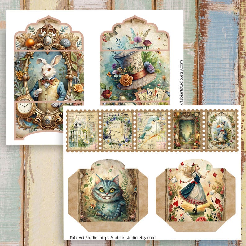May include: A collection of Alice in Wonderland-themed paper ephemera. Includes illustrations of the White Rabbit, Mad Hatter's hat, Cheshire Cat, Alice, and stamps. The color palette features soft pastels and vintage details.