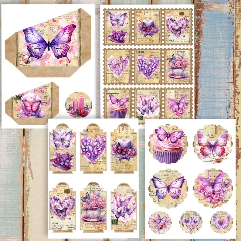 Purple Butterfly Junk Journal Kit: Vintage Ephemera, Tags (digital ...
