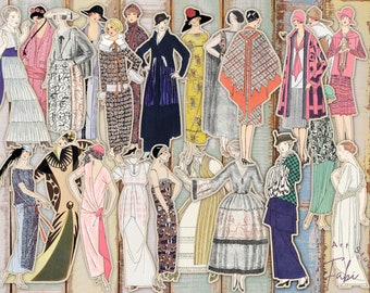 May include: A collection of 18 vintage-style illustrations of women in various poses and clothing. The women are wearing dresses, hats, and other accessories. The illustrations are in a black and white style with a touch of color.