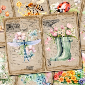 Diario di primavera con acquerello, fiori, diario di primavera vintage, coccinella, ape, kit diario di primavera, stampabile, collage, pagina di diario, kit digitale