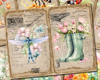 Aquarel Spring Junk Journal Kit: vintage bloemen, bij, lieveheersbeestje (afdrukbare Digi Kit)