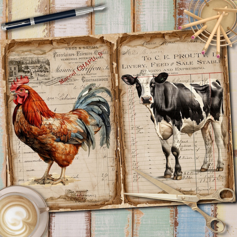 May include: Vintage style illustration of a rooster and a cow on a ledger page. The rooster is brown and red with a blue tail. The cow is black and white. The ledger page has handwritten text and numbers.