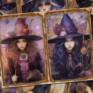 Junk Journal Printable, Purple Witch , Vintage Journal Pages, Purple Witch Double Pages Junk Journal, Junk Journal Digi Kit,  Journal