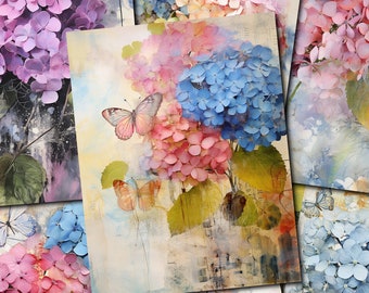 Junk Journal Printable, Digital Collage Sheets with Hydrangeas - 18  Papers for Junk Journal and Scrapbook