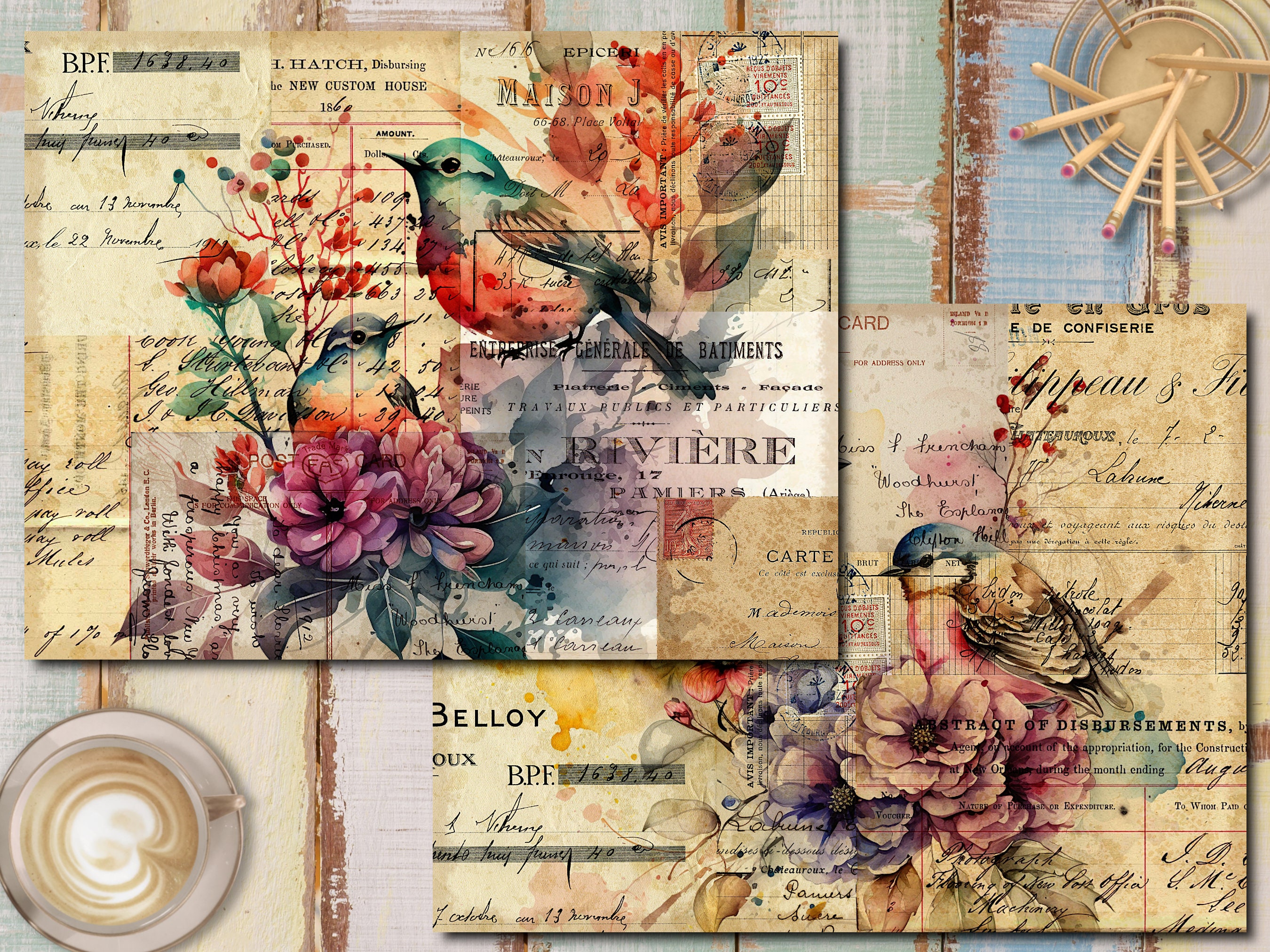 Vintage Birds & Flowers Collage Papers: Junk Journal Kit (digital ...