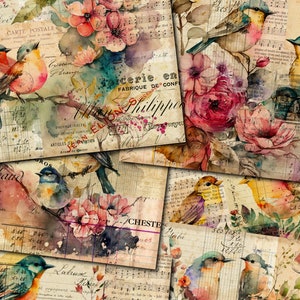 Papiers de collage oiseaux, journal indésirable imprimable, journal indésirable fleurs, kit digi vintage journal indésirable, journal imprimable oiseaux