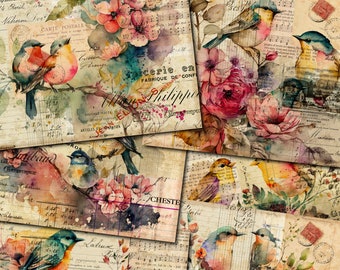 Vintage Birds & Flowers Collage Papers: Junk Journal Kit (Digital Download)
