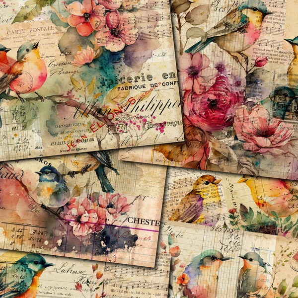 Junk Journal Printable, Birds , Vintage Journal Papers, Flowers Junk Journal , Vintage Junk Journal Digi Kit, Birds Printable Journal