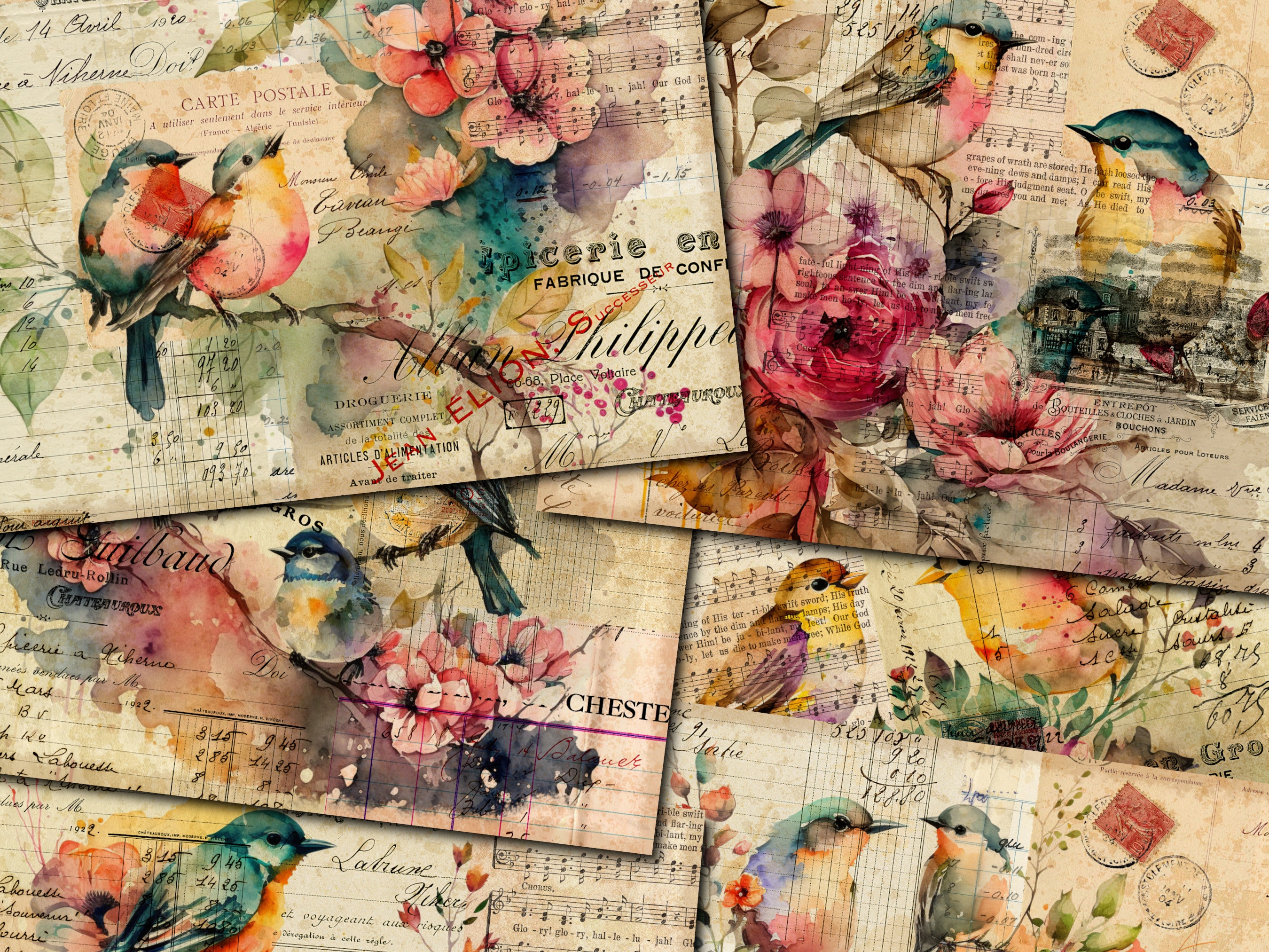 Vintage Birds & Flowers Collage Papers: Junk Journal Kit (digital ...