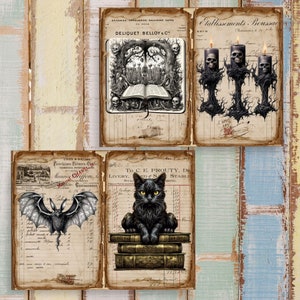May include: A digital collage sheet featuring vintage ledger paper backgrounds with gothic illustrations. Images include a skull-filled forest with an open book, three skull-topped candles, a bat with spread wings, and a black cat sitting on three books.