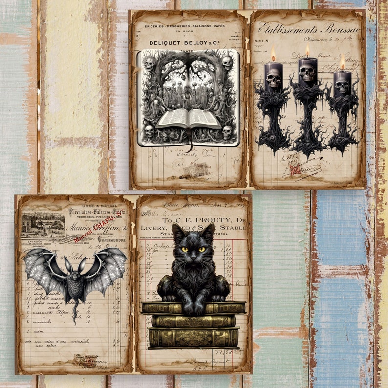 May include: A digital collage sheet featuring vintage ledger paper backgrounds with gothic illustrations. Images include a skull-filled forest with an open book, three skull-topped candles, a bat with spread wings, and a black cat sitting on three books.