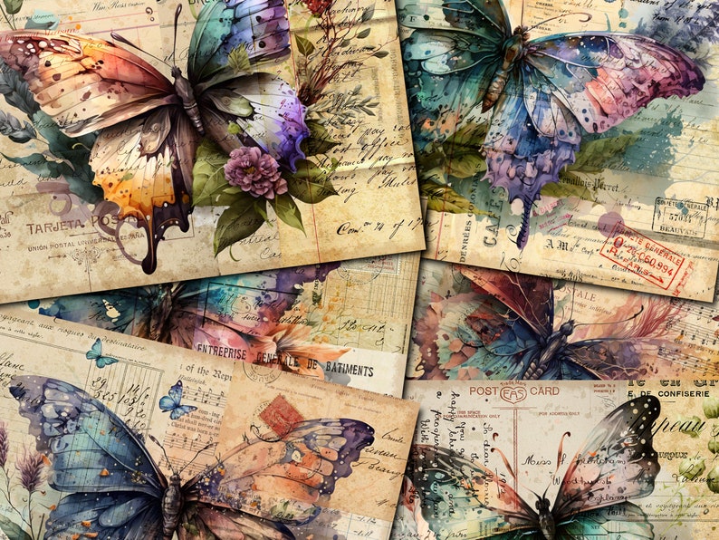 K&ouml;nnte beinhalten: Eine Collage aus Vintage-Postkarten mit Aquarell-Schmetterlingen in leuchtenden Farben und filigranen Details. Die Postkarten haben verblassten Text und Briefmarken, was eine nostalgische und romantische &Auml;sthetik erzeugt.