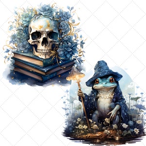 Pode incluir: Ilustra&ccedil;&atilde;o em aquarela com um cr&acirc;nio adornado com flores azuis e detalhes dourados em cima de uma pilha de livros azuis. Um sapo caprichoso com uma t&uacute;nica e chap&eacute;u de mago segura uma bengala com um cogumelo brilhante, em uma cena floral.