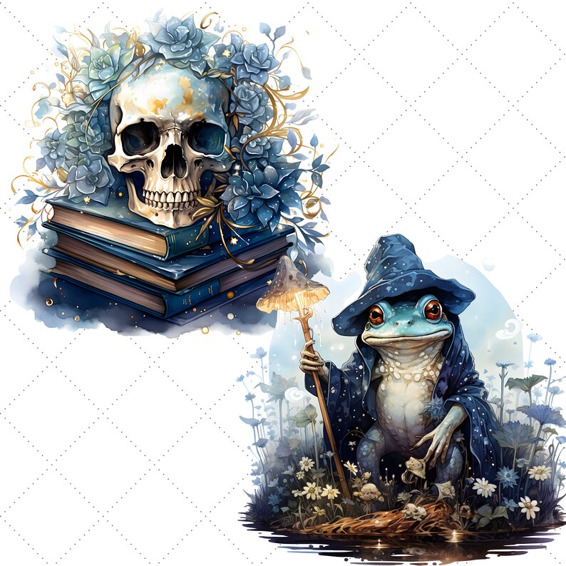 Pode incluir: Ilustra&ccedil;&atilde;o em aquarela com um cr&acirc;nio adornado com flores azuis e detalhes dourados em cima de uma pilha de livros azuis. Um sapo caprichoso com uma t&uacute;nica e chap&eacute;u de mago segura uma bengala com um cogumelo brilhante, em uma cena floral.