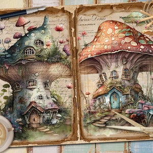 May include: Two watercolor illustrations of mushroom houses with windows and doors. The mushroom on the left is green and blue with a brown stem. The mushroom on the right is red and white with a brown stem. Both mushrooms are surrounded by green foliage and flowers.