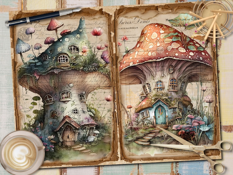 May include: Two watercolor illustrations of mushroom houses with windows and doors. The mushroom on the left is green and blue with a brown stem. The mushroom on the right is red and white with a brown stem. Both mushrooms are surrounded by green foliage and flowers.