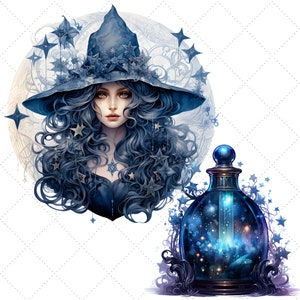 Pode incluir: Ilustra&ccedil;&atilde;o de uma mulher com longos cabelos azuis e um chap&eacute;u de bruxa azul adornado com estrelas. Uma garrafa de po&ccedil;&atilde;o azul com uma cena de noite estrelada tamb&eacute;m &eacute; retratada, rodeada por elementos decorativos. O tema &eacute; fantasia e magia.