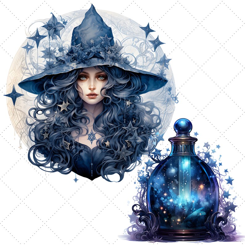 Pode incluir: Ilustra&ccedil;&atilde;o de uma mulher com longos cabelos azuis e um chap&eacute;u de bruxa azul adornado com estrelas. Uma garrafa de po&ccedil;&atilde;o azul com uma cena de noite estrelada tamb&eacute;m &eacute; retratada, rodeada por elementos decorativos. O tema &eacute; fantasia e magia.