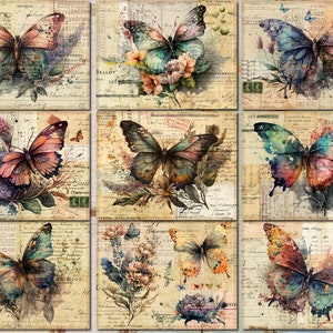 K&ouml;nnte beinhalten: Neun Aquarell-Schmetterlings-Illustrationen auf einem Vintage-Hintergrund mit verblassten Texten und floralen Akzenten. Die Schmetterlinge sind in verschiedenen Blaut&ouml;nen, Rosa- und Lilat&ouml;nen.
