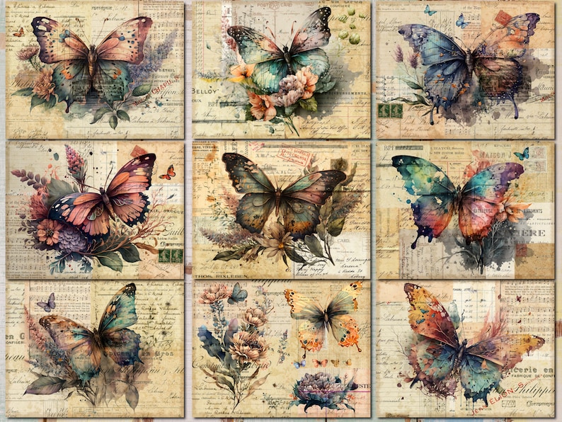 K&ouml;nnte beinhalten: Neun Aquarell-Schmetterlings-Illustrationen auf einem Vintage-Hintergrund mit verblassten Texten und floralen Akzenten. Die Schmetterlinge sind in verschiedenen Blaut&ouml;nen, Rosa- und Lilat&ouml;nen.