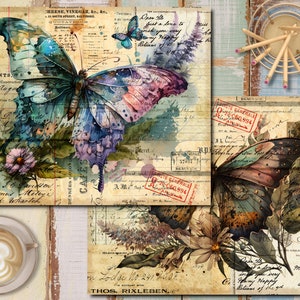 K&ouml;nnte beinhalten: Eine Collage im Vintage-Stil mit zwei Schmetterlingen mit schillernden Fl&uuml;geln, umgeben von floralen Elementen und altem Papier mit handschriftlichem Text. Der Text enth&auml;lt die W&ouml;rter "DISBURSEMENTS", "CHEESE, VINEGAR", "CAFES" und "CARD".