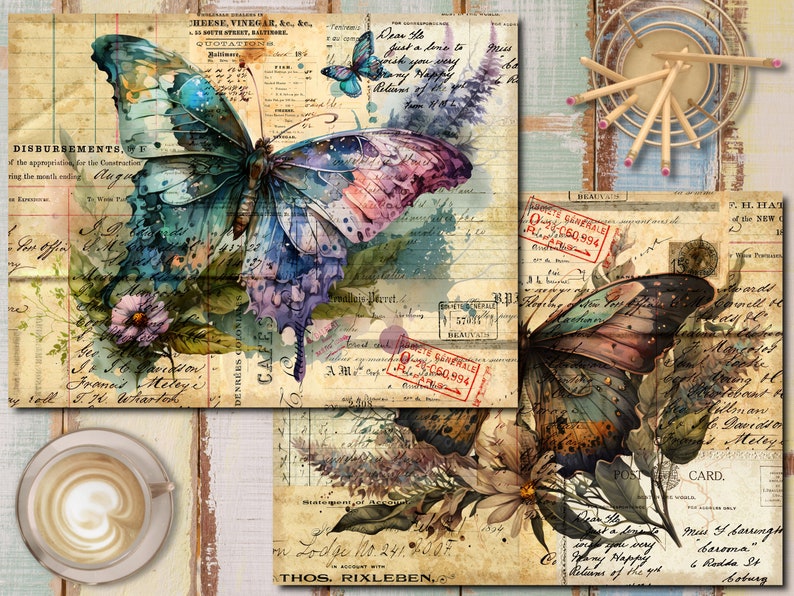K&ouml;nnte beinhalten: Eine Collage im Vintage-Stil mit zwei Schmetterlingen mit schillernden Fl&uuml;geln, umgeben von floralen Elementen und altem Papier mit handschriftlichem Text. Der Text enth&auml;lt die W&ouml;rter "DISBURSEMENTS", "CHEESE, VINEGAR", "CAFES" und "CARD".