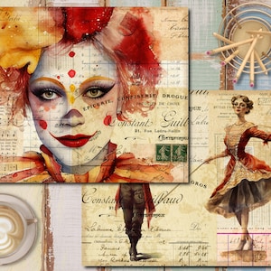 K&ouml;nnte beinhalten: Eine Collage aus Vintage-Bildern mit einem Clown mit rotem und wei&szlig;em Make-up, einer Frau in einem roten Kleid, die tanzt, und einer handschriftlichen Quittung mit dem Text "Constant Guill Labu 21. Rue Ledru-Rollin".