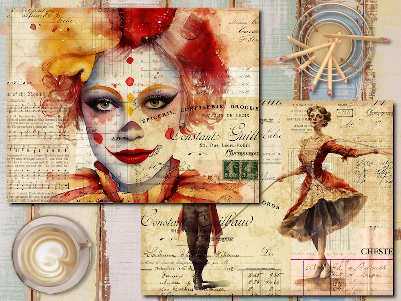 K&ouml;nnte beinhalten: Eine Collage aus Vintage-Bildern mit einem Clown mit rotem und wei&szlig;em Make-up, einer Frau in einem roten Kleid, die tanzt, und einer handschriftlichen Quittung mit dem Text "Constant Guill Labu 21. Rue Ledru-Rollin".