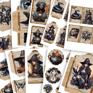 Kit de itens efêmeros de diário de bruxas de Halloween - imprimíveis digitais assustadores, mágicos, góticos e místicos - etiquetas, cartões, envelopes, bolsos - conjunto 2