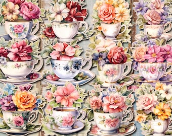May include: Ten teacups with floral designs are arranged in a collage. Each cup is filled with a bouquet of colorful flowers, including roses, lilies, and daisies. The cups are all white with gold trim and are set on saucers.