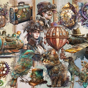 Op de afbeelding: Een digitale collage met steampunk-thema illustraties. De collage bevat een vintage koffer, een luchtballon, een onderzeeër, een vogel, een kat, een hond, een klok, tandwielen en een vrouw met een bril en een hoed.