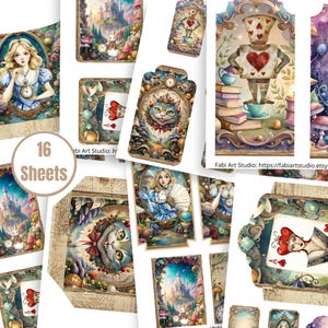 Könnte beinhalten: Eine Sammlung von 16 Blättern mit Illustrationen aus Alice im Wunderland. Die Designs umfassen die Grinsekatze, Alice, Spielkarten und einen herzförmigen Roboter. Die Kunstwerke haben eine Vintage-Ästhetik mit Pastellfarben und verzierten Rahmen.