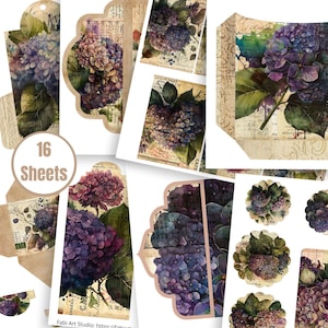Hydrangea Junk Journal-uitbreidingsset I – 16 bedrukbare vellen met enveloppen, vakken, labels en kaarten - FA216