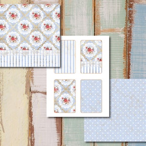May include: A set of digital paper designs featuring a blue and white floral pattern with gold accents. The designs include a polka dot pattern, a striped pattern, and a floral pattern with the text "Paris Je T'aime".