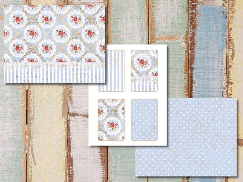 May include: A set of digital paper designs featuring a blue and white floral pattern with gold accents. The designs include a polka dot pattern, a striped pattern, and a floral pattern with the text "Paris Je T'aime".