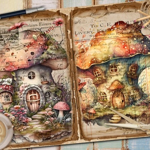 May include: Two watercolor illustrations of whimsical mushroom houses with detailed interiors and surrounding foliage. The illustrations are printed on aged paper with handwritten text.