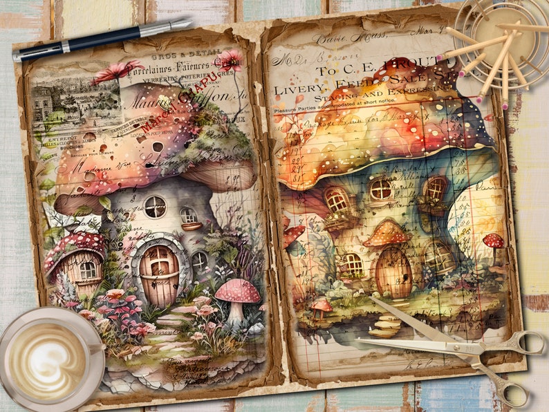 May include: Two watercolor illustrations of whimsical mushroom houses with detailed interiors and surrounding foliage. The illustrations are printed on aged paper with handwritten text.