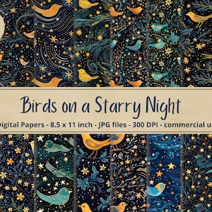 Junk Journal Printable, Kit de papel digital Birds on a Starry Night, 16 papéis, tamanho carta 8,5 x 11 polegadas - Uso comercial, DOWNLOAD INSTANTÂNEO
