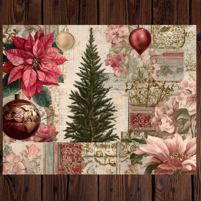 Junk Journal Vintage Christmas Collage Papers With Ruby Red Colors ...