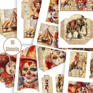 Viktorianischer Zirkus Ephemera Add-On Kit I – Druckbares Junk Journal Taschen, Tags, Karten & Umschläge – Vintage Zirkus Digi Kit - FA211