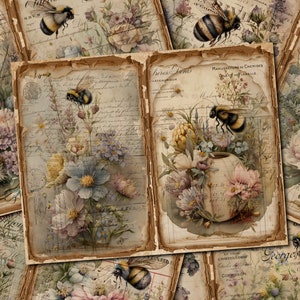 May include: Vintage style digital paper with a floral and bee theme. The paper features a variety of flowers, including roses, daisies, and wildflowers, as well as bees flying around the flowers. The paper has a distressed, aged look, with faded colors and a textured surface.