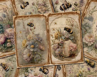 Diario digital de abejas y flores estilo vintage para imprimir - FA113