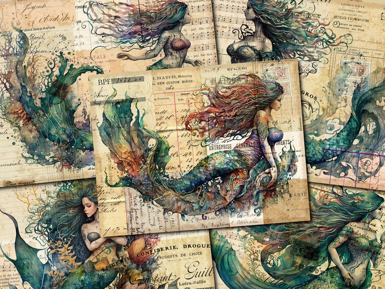Pu&ograve; includere: Un collage di sei illustrazioni in stile vintage che raffigurano sirene con capelli e code fluttuanti. Le sirene sono raffigurate in varie pose, alcune nuotano e altre sono sedute su rocce. Le illustrazioni sono realizzate in stile acquerello e hanno un aspetto fantasioso ed etereo.
