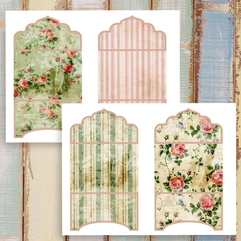 Może przedstawiać: Cztery drukowalne cyfrowe wzory papieru o estetyce vintage. Wzory zawierają kwiatowe motywy, paski i efekt postarzenia. Papiery idealnie nadają się do scrapbookingu, tworzenia kartek i innych projekt&oacute;w rękodzielniczych.