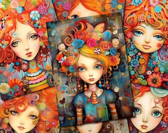 Whimsical Girls Junk Journal Cards: Shabby Floral Ephemera (Digital Download)