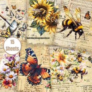 Papeles para collage de diario basura con abejas y mariposas: 15 hojas imprimibles (300 DPI, JPG, tamaño carta de EE. UU.)
